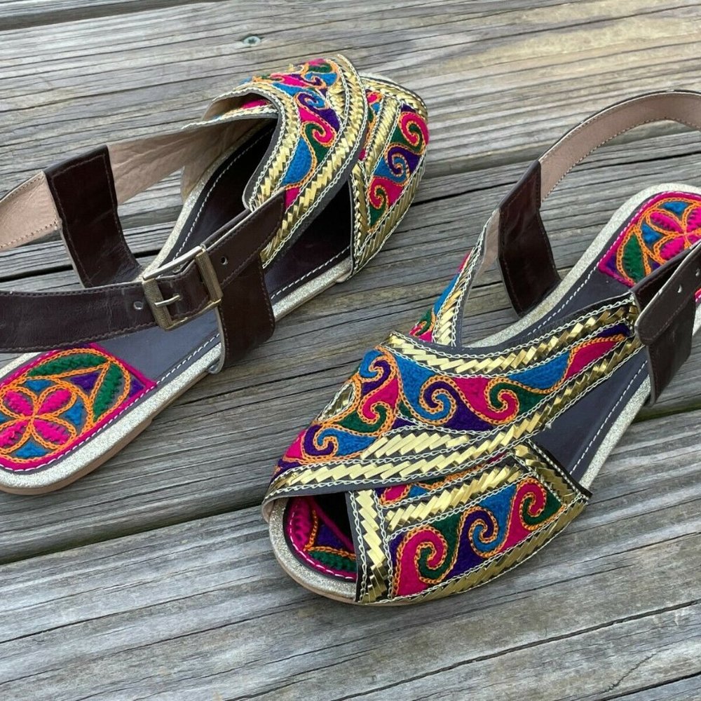 Handmade Women Sandal Embroidery Genuine Leather Kohati Chappal Traditional 8.5